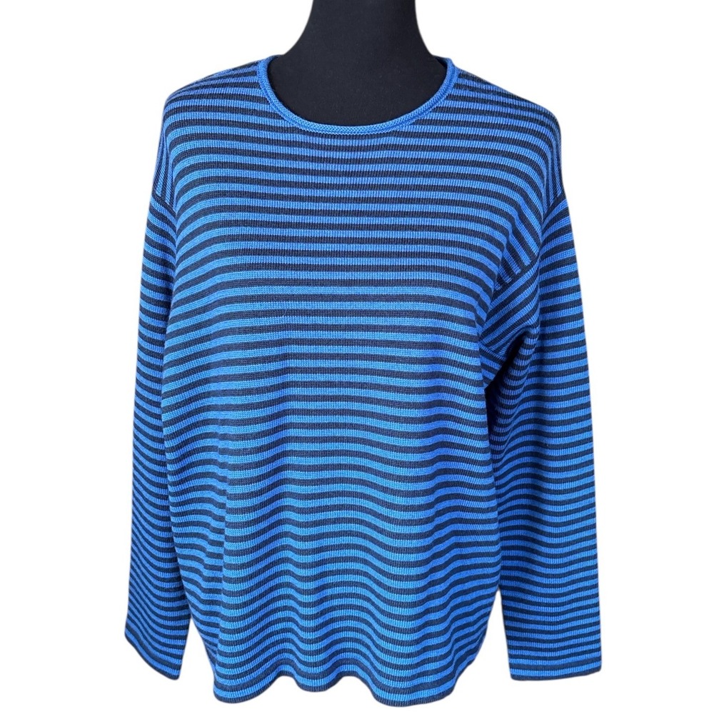Eileen Fisher The Beatnik Black & Blue Merino Wool Striped Sweater XS, Runs Big!